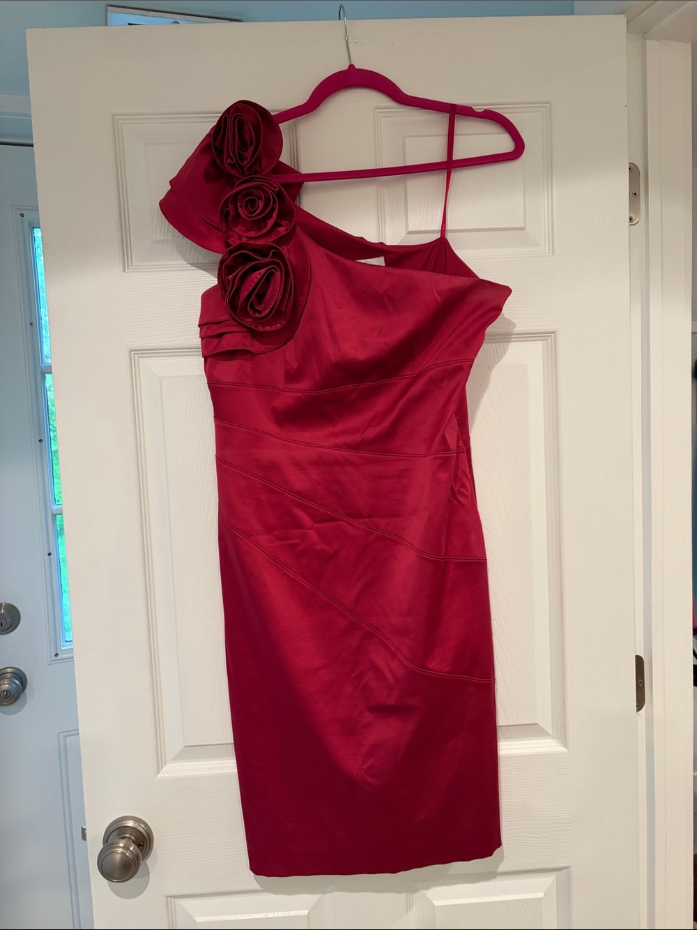 Jessica Simpson One-Shoulder Red Cocktail Dress with Rosette Accents